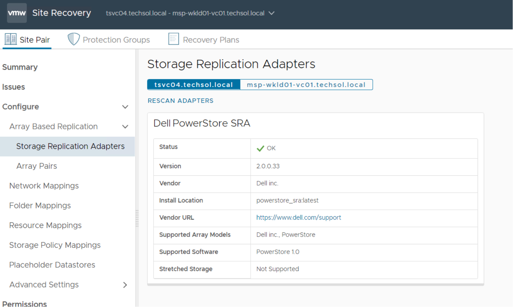 The screenshot shows the installed SRA adapters