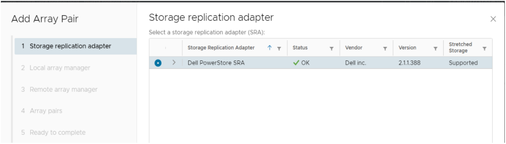 Selecting the storage replication adapter to use with array pair.