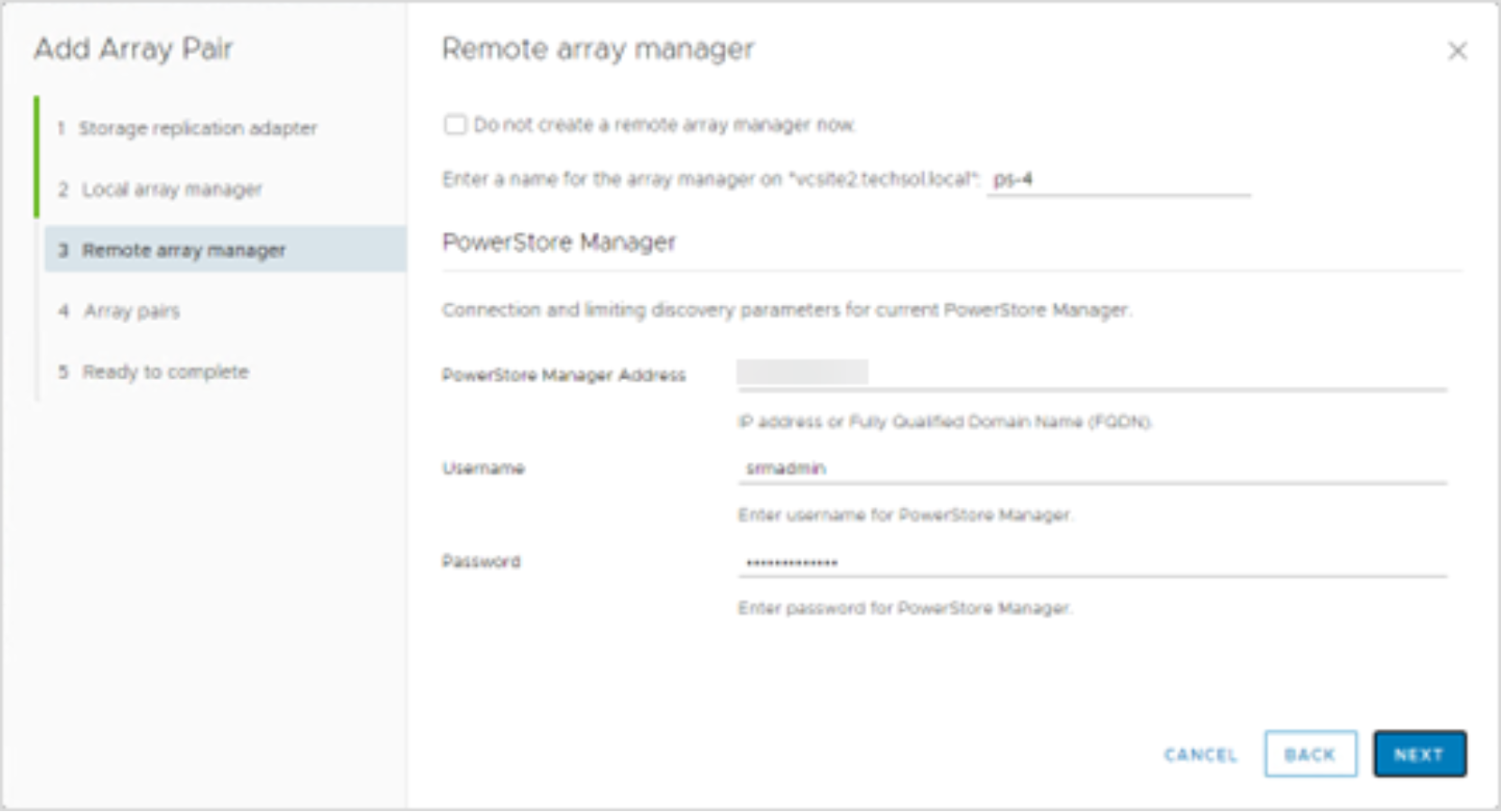 This screenshot shows adding the remote array for pairing.