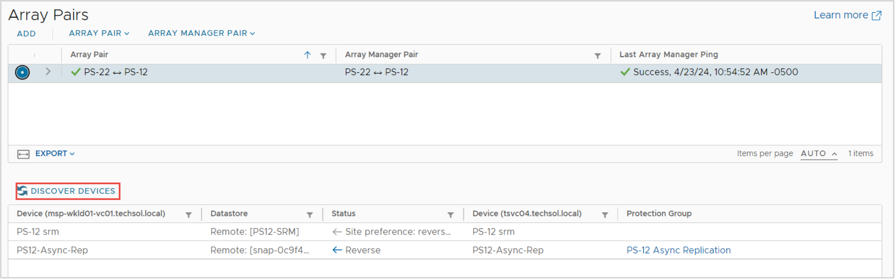 Showing the discover devices for array pairs