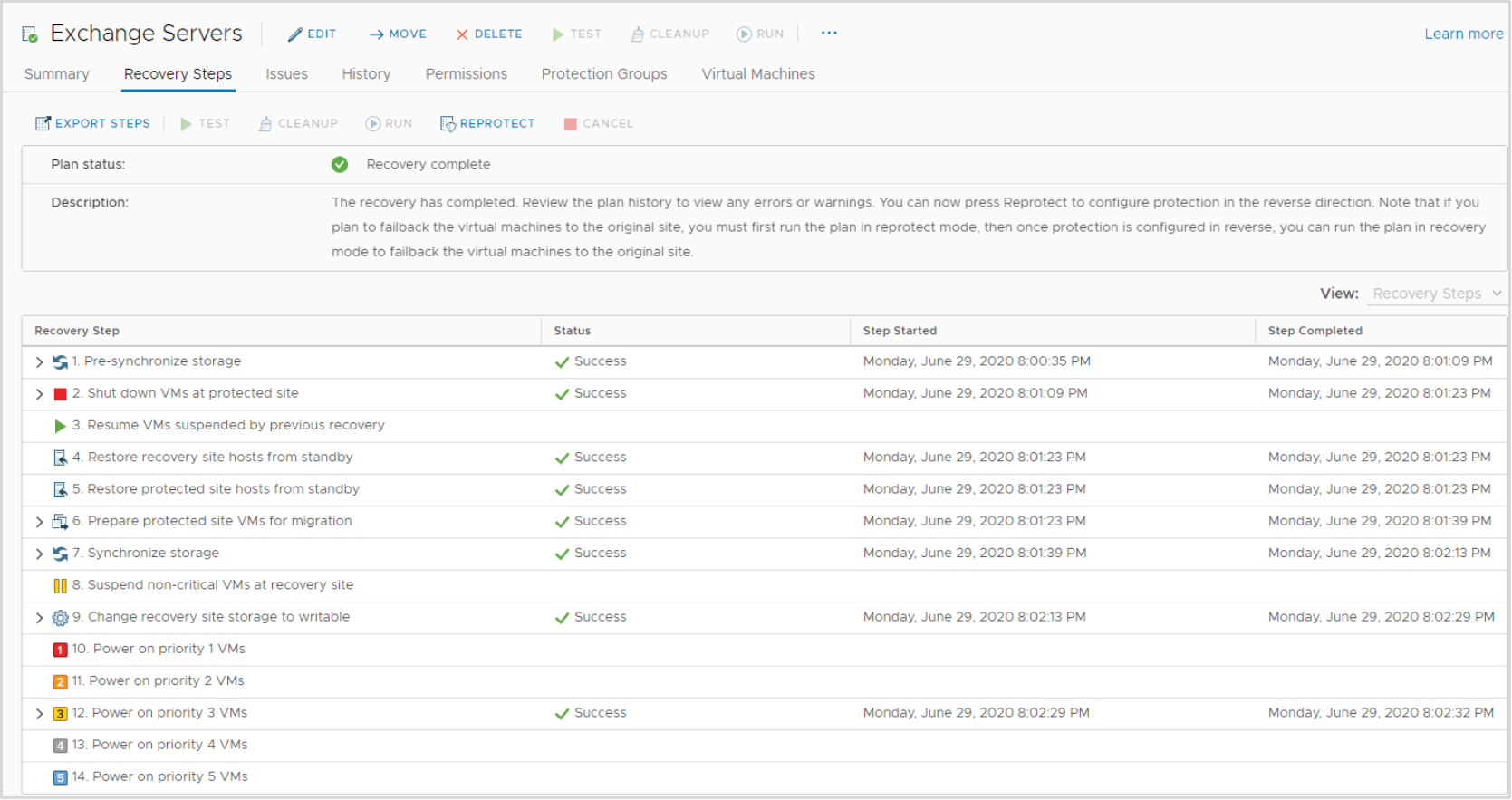 Review current progress of failover. From this view each step of the failover process is listed and the user can see if the step was successful or not.