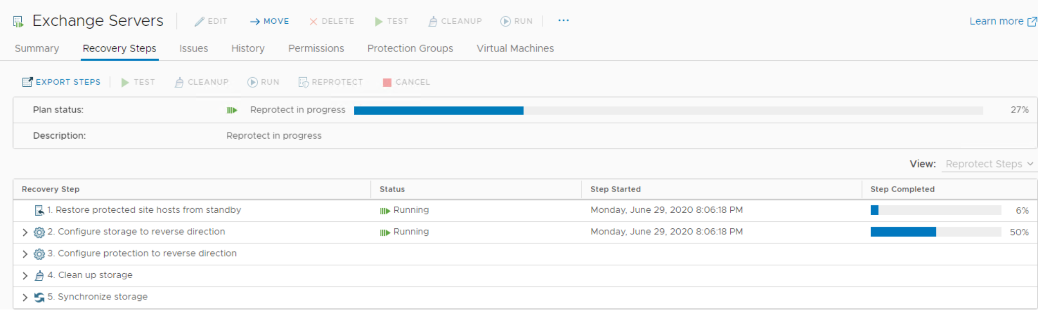 During a reprotect, SRM commands the SRA to start storage replication for each of the datastores or volumes in the protection group