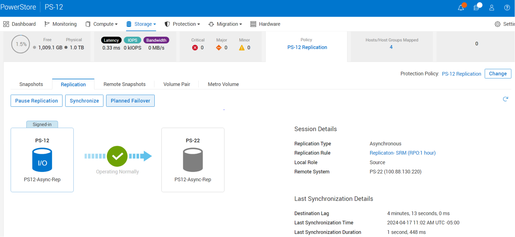 From PowerStore manager UI, this screenshot shoes the replication director and current status of the session