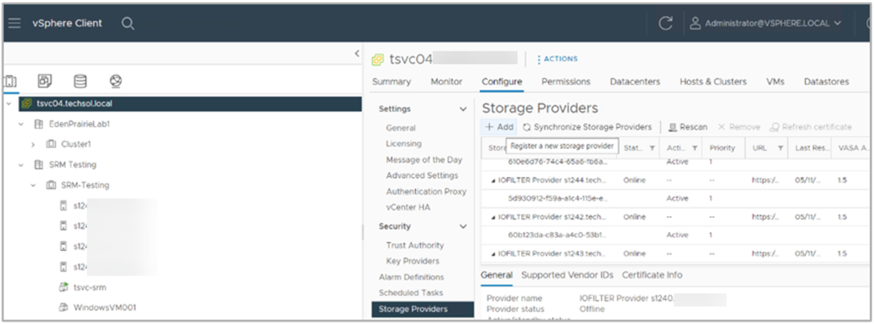 From this screen, vCenter server registers the storage provider and establishes a secure SSL connection.