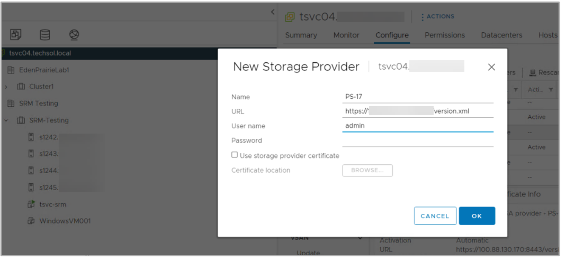 In this figure, we add a new storage provider within PowerStore. This includes user name, password and storage provided certificates