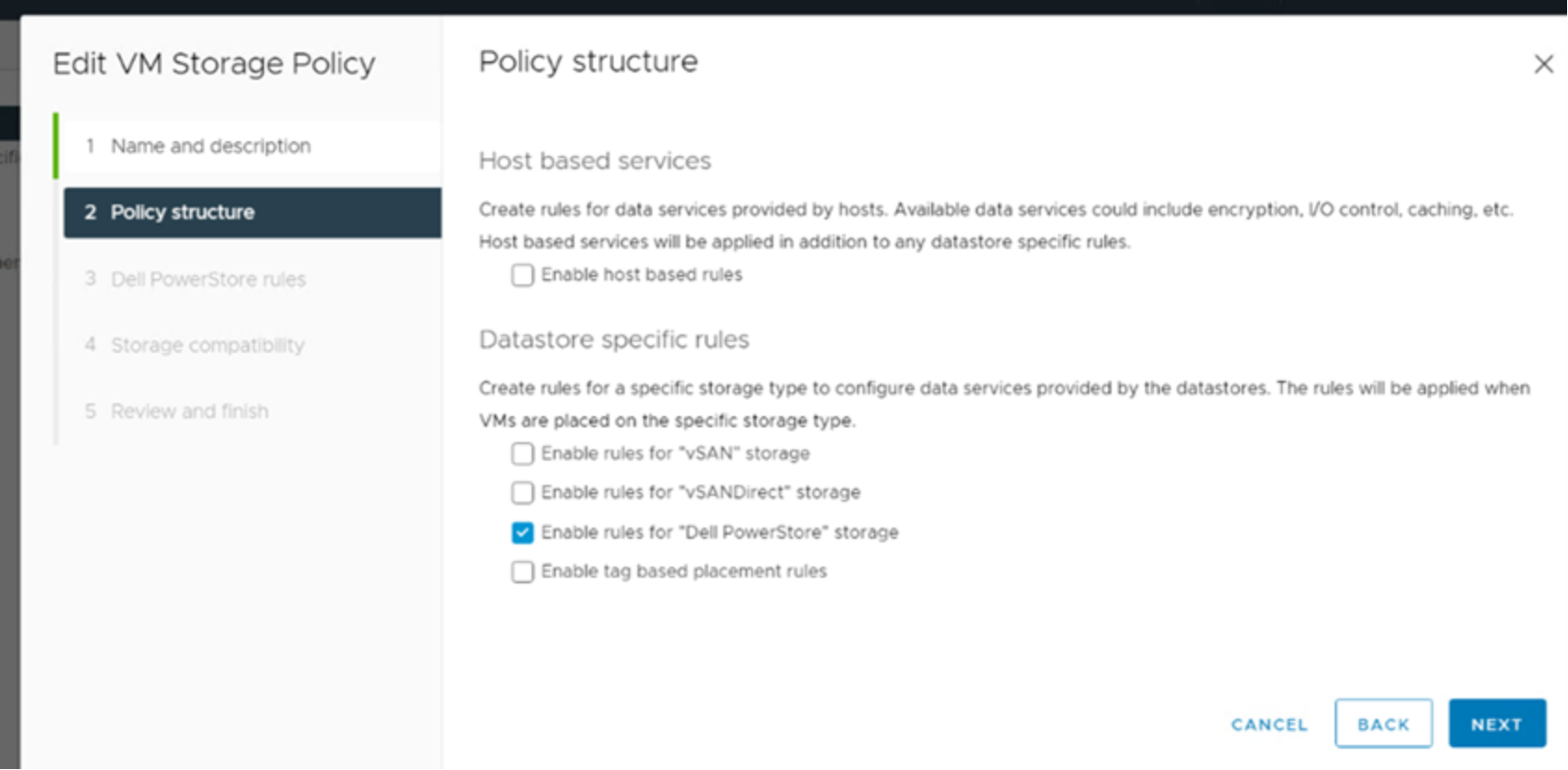 This screenshot shows enabling rules for PowerStore storage