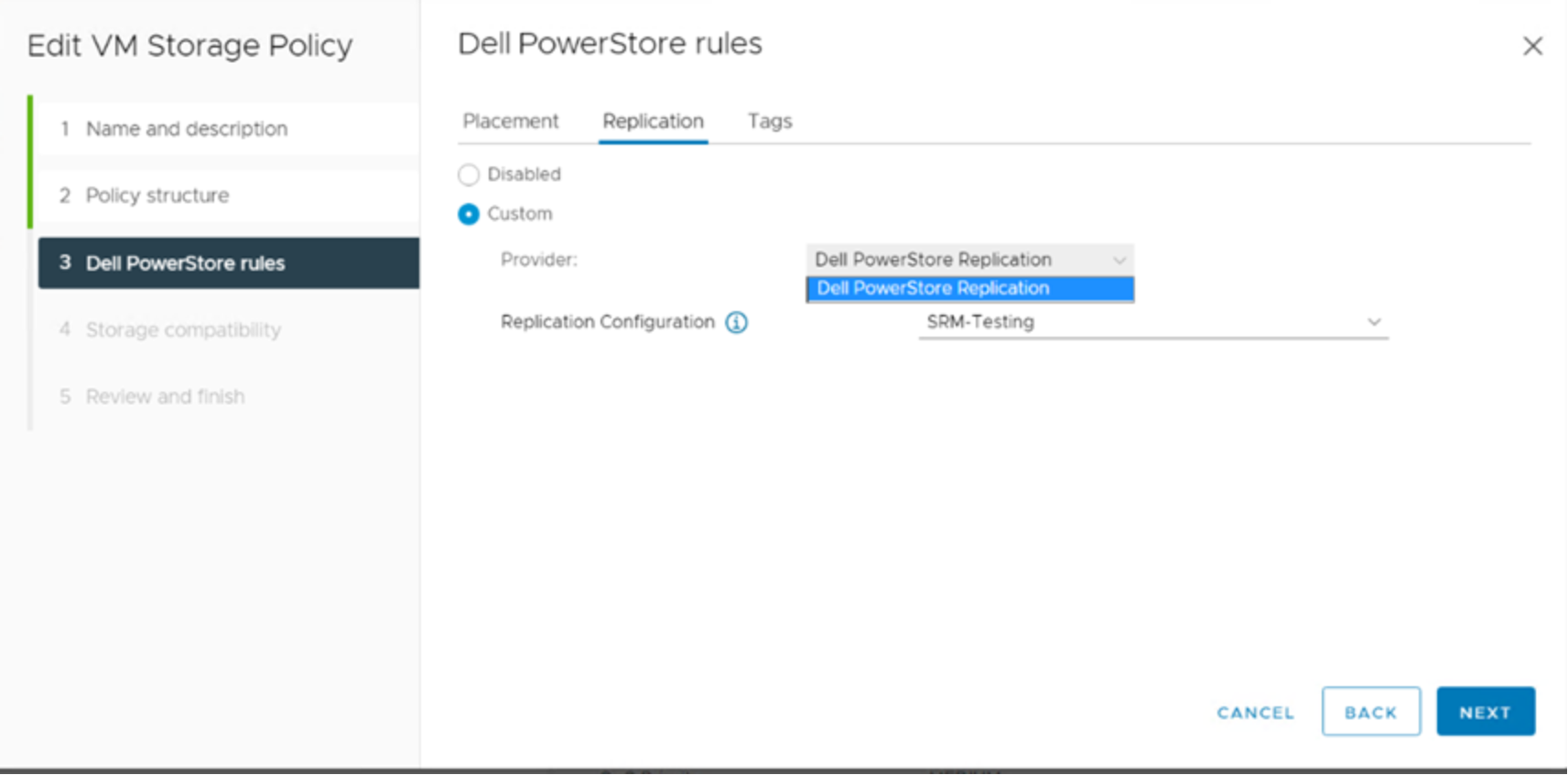 This shows selecting the replication provider which is Dell PowerStore replication.