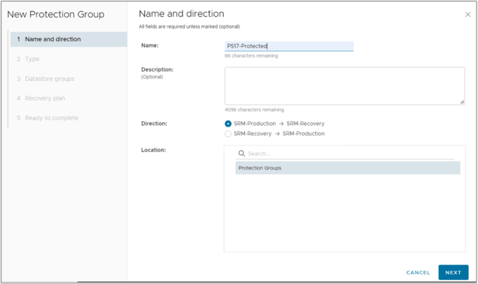 Creating a protection group within vCenter SRM interface