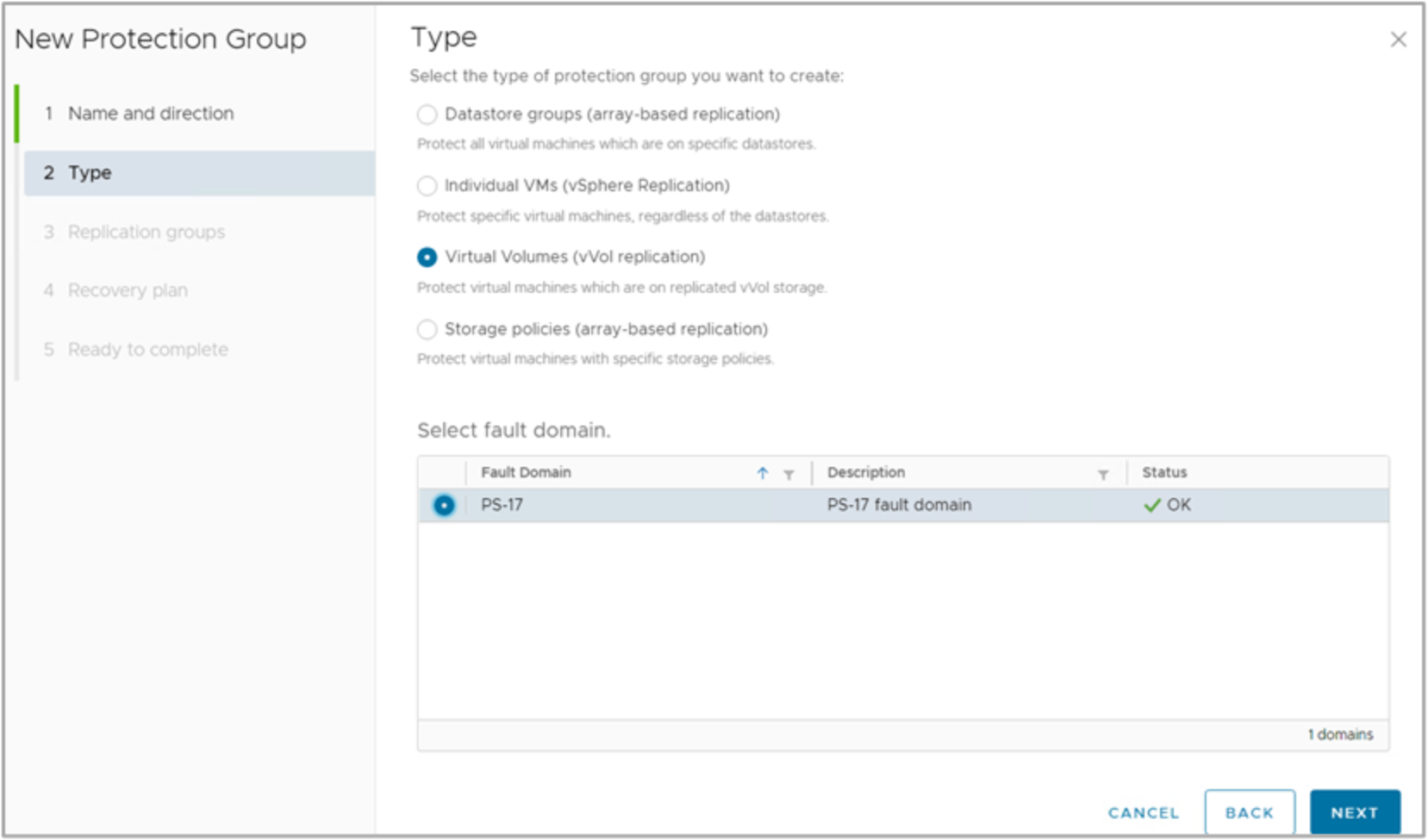 In this screenshot, we are selecting virtual volume replicaton and the associated PowerStore system, PS-17