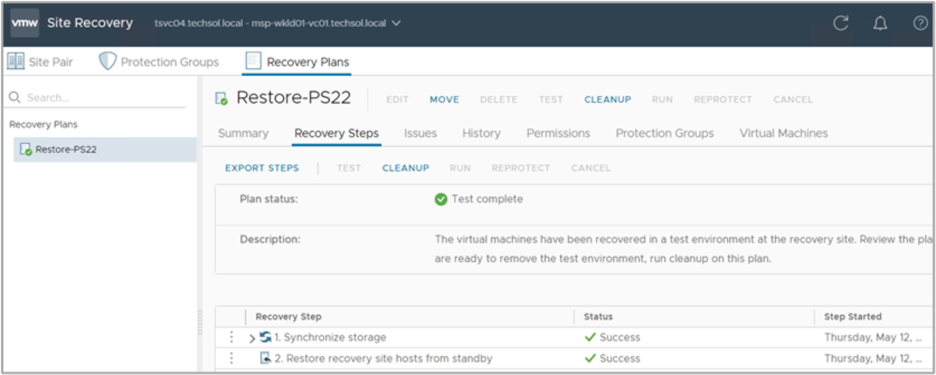 After testing the recovery plan, SRM allows for all of the recovery steps to be cleaned up and returning the source environment back to normal state.