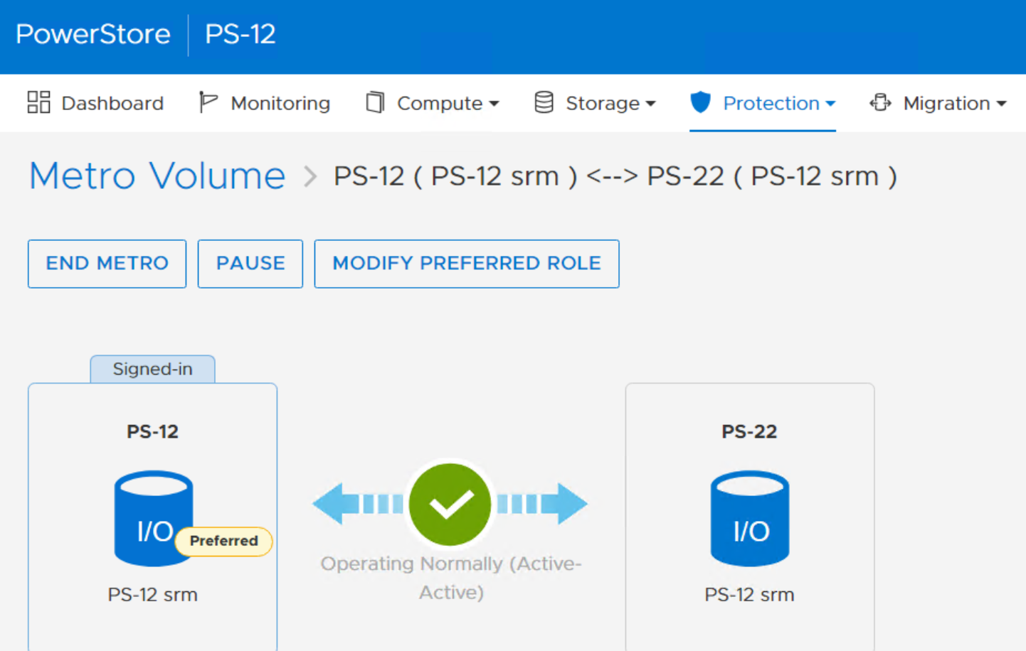 PowerStore Manager showing Metro Volume protection and current state of the replication session