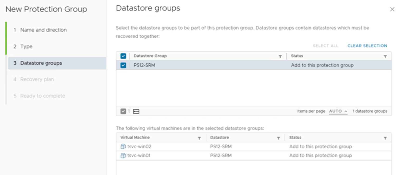 Select the datastore group that contains virtual machines to be protected. This includes the virtual machine name, datastore and status