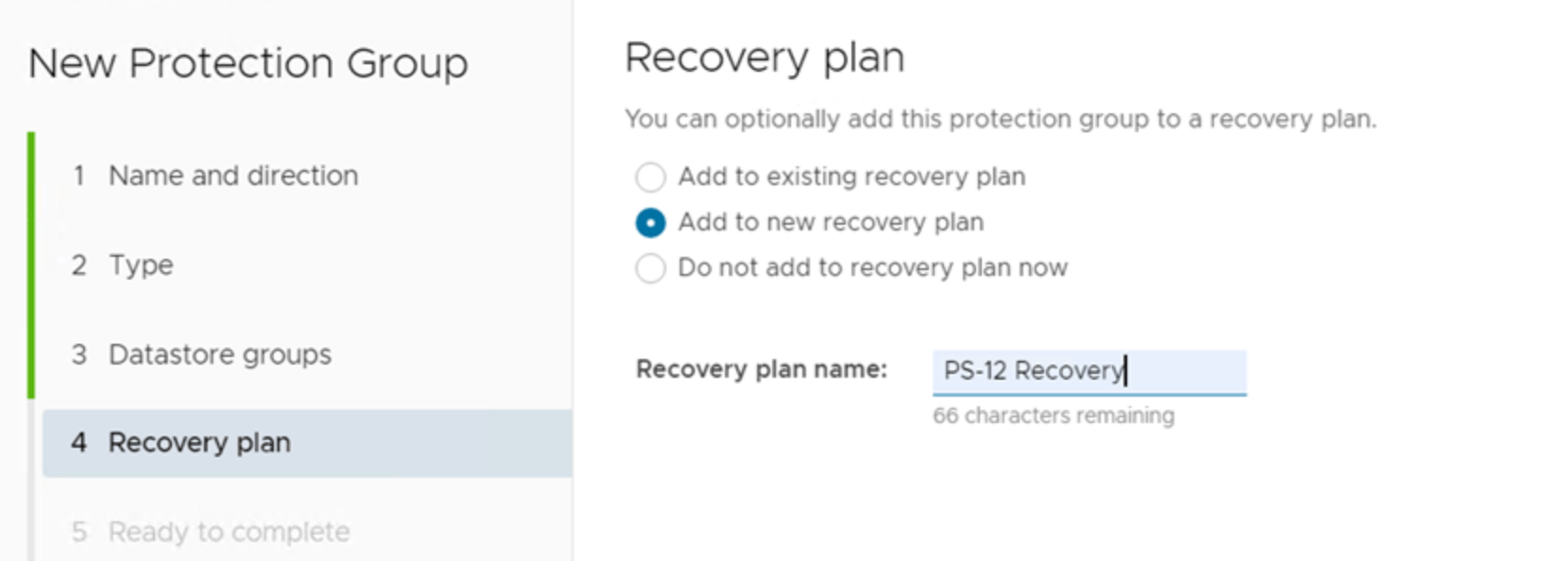 Screenshot of creating new recovery plan in SRM gui.