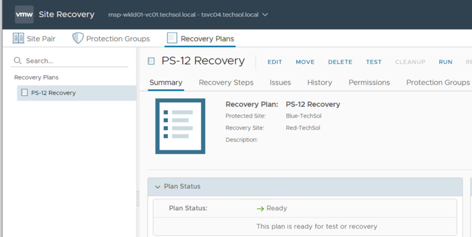 This screenshot shows the recovery plan is created and named PS-12 recovery. The plan should be in a ready state.