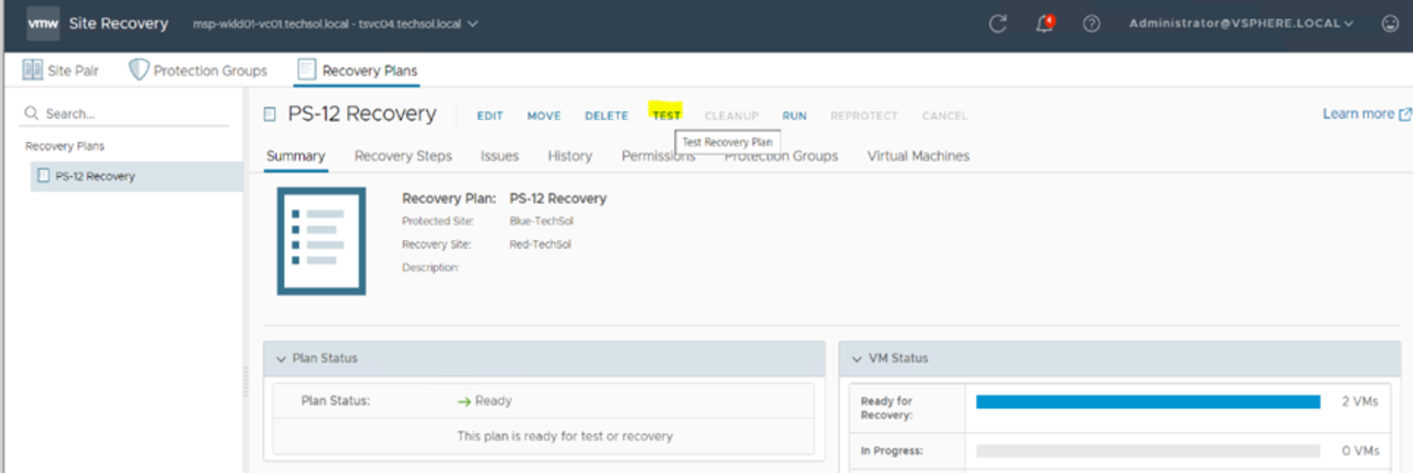 Testing the recovery plan named PS-12 recovery. The virtual machine status will also be shown.