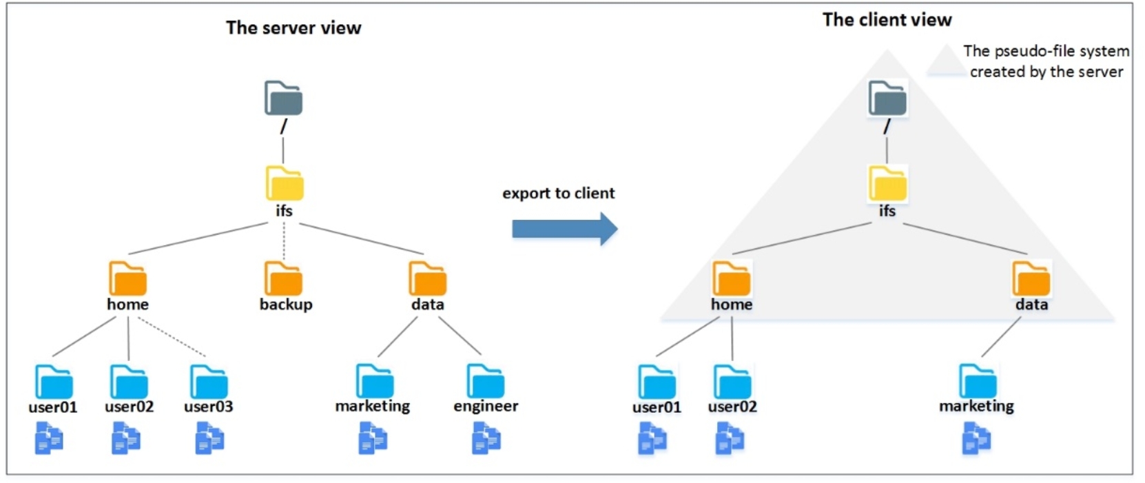 A figure to show a directory structure in NFS server side and client side with NFSv4.x pseudo-file system