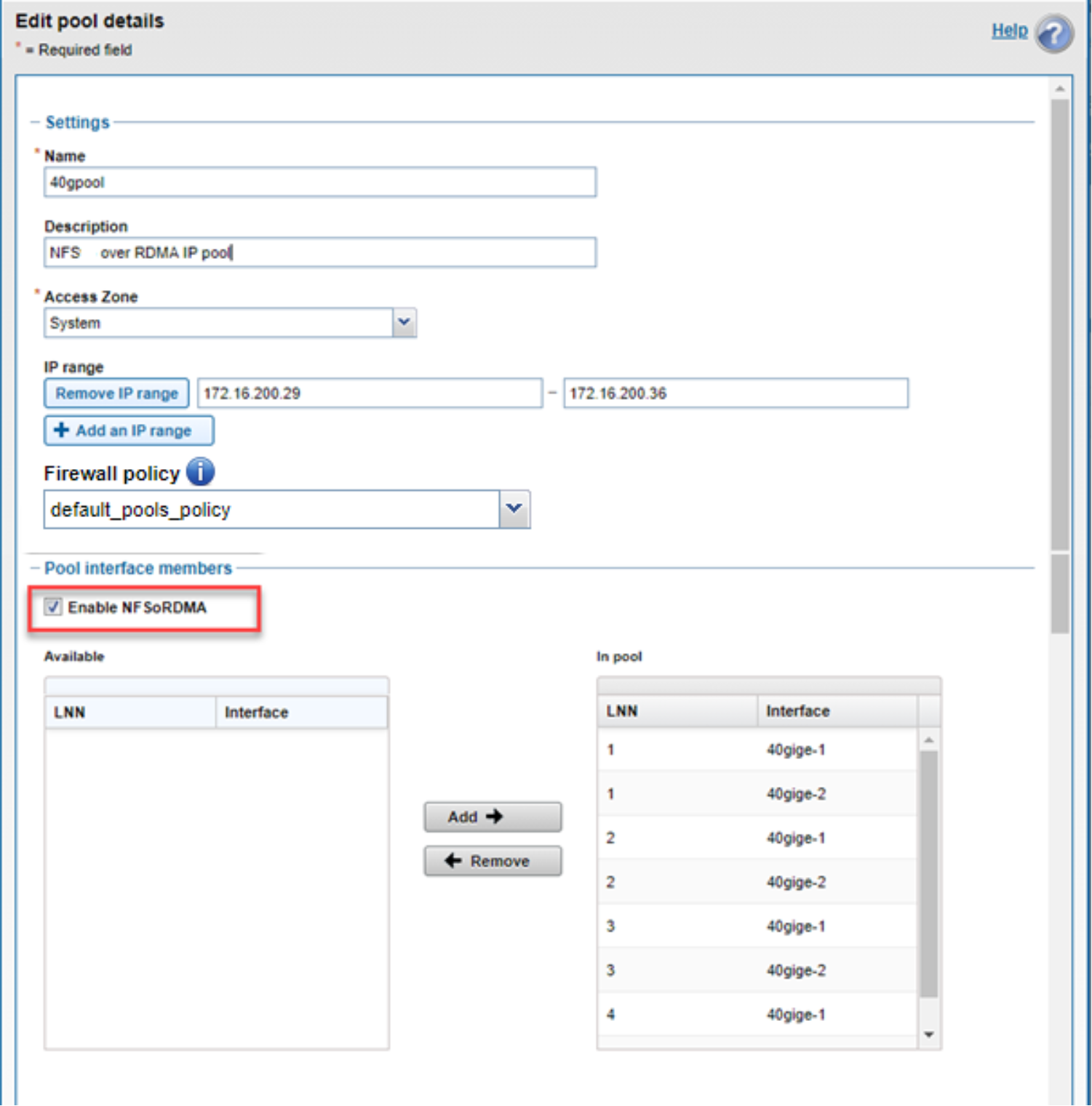 the setting of enable RDMA in a IP pool