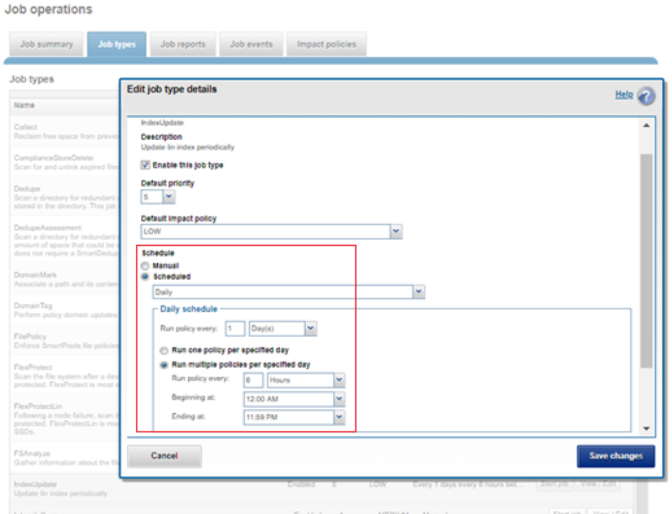 Job Engine WebUI screenshot showing IndexUpdate job schedule configuration.