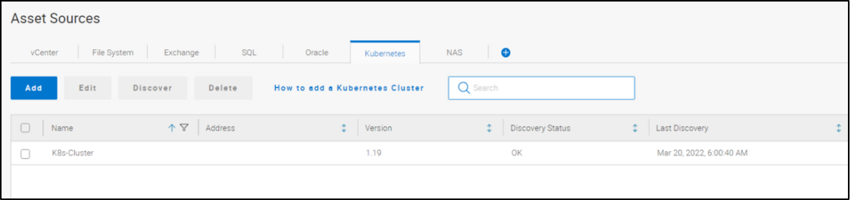 This image shows the Kubernetes cluster asset source discovery in PowerProtect Data Manager UI.
