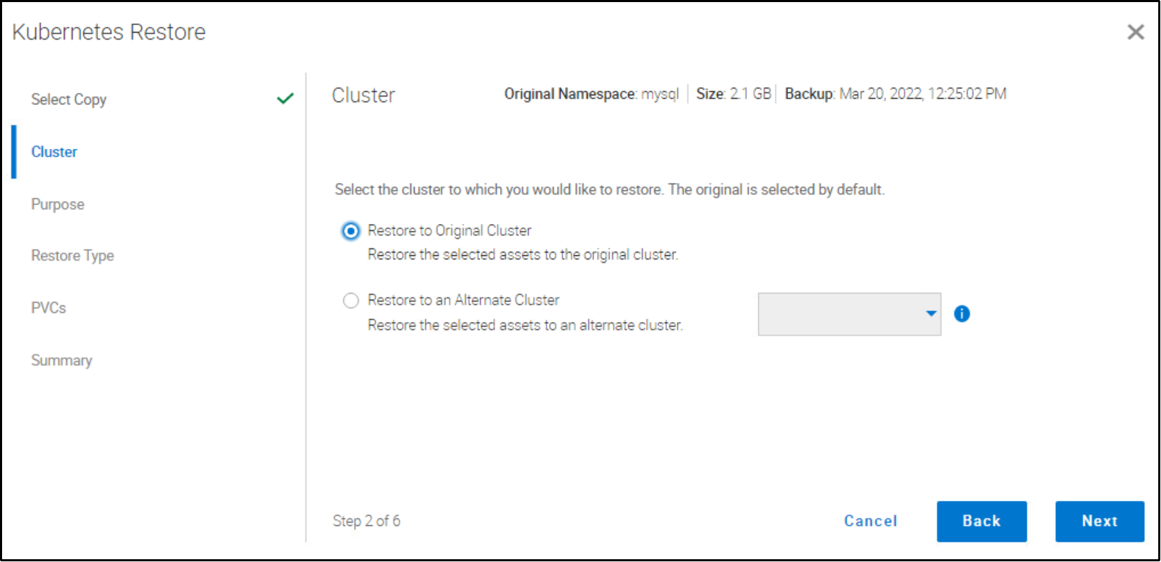 The image shows the options to recover the Kubernetes namespaces to the same or to an alternate cluster. 