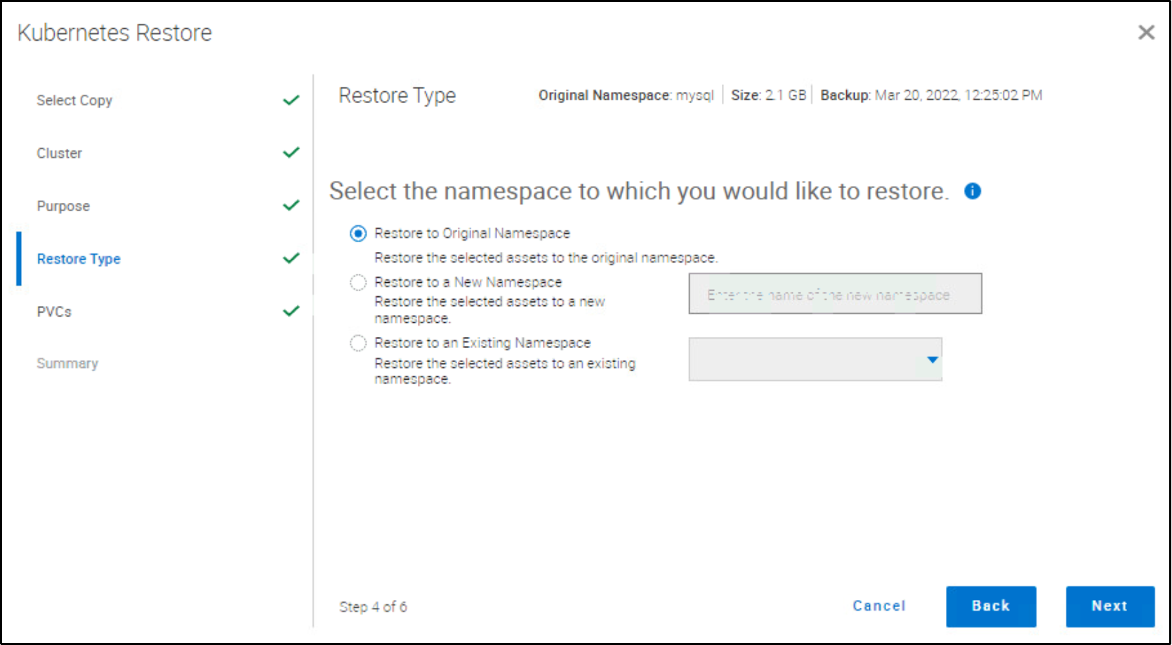The image shows the restore options such as Restore to the original namespace, to the new namespace, and to the existing namespace.