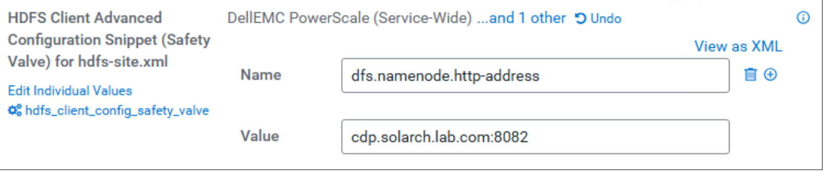 The HDFS Client safety valve configuration screen which allows Cloudera Data Services to interact with the PowerScale WebHDFS API/