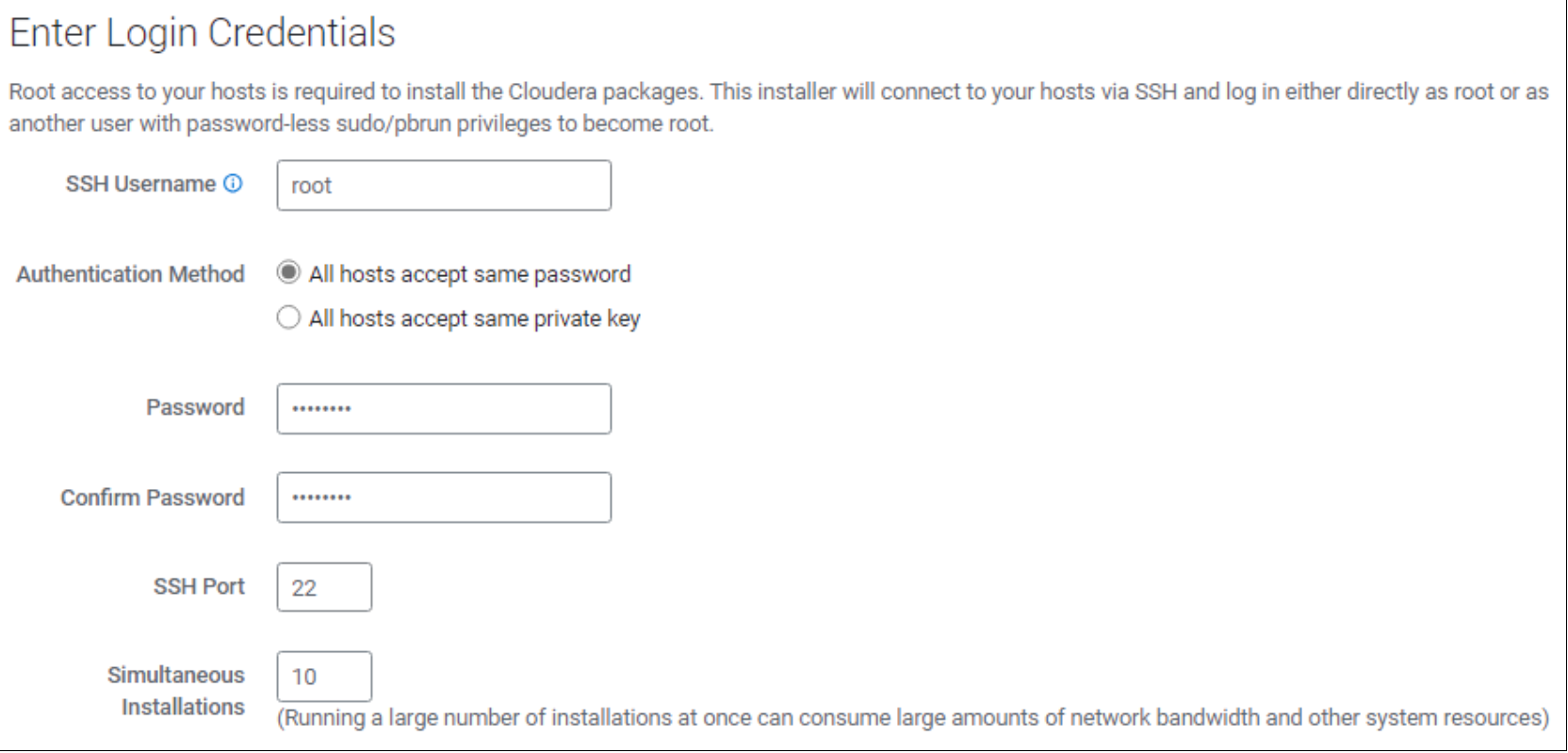 Enter the login details to access the Data Services hosts.  The options include specifying a username and password or private key.