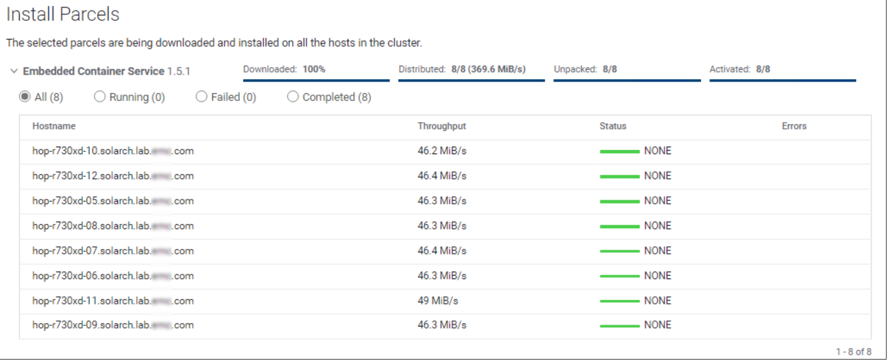 The parcels will be downloaded, distributed, unpacked and activated on each host in the Cloudera data services containerized cluster.