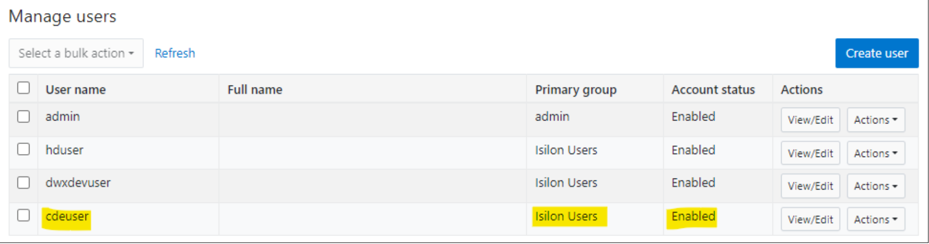 Create a new user in the access zone used for the Cloudera installation