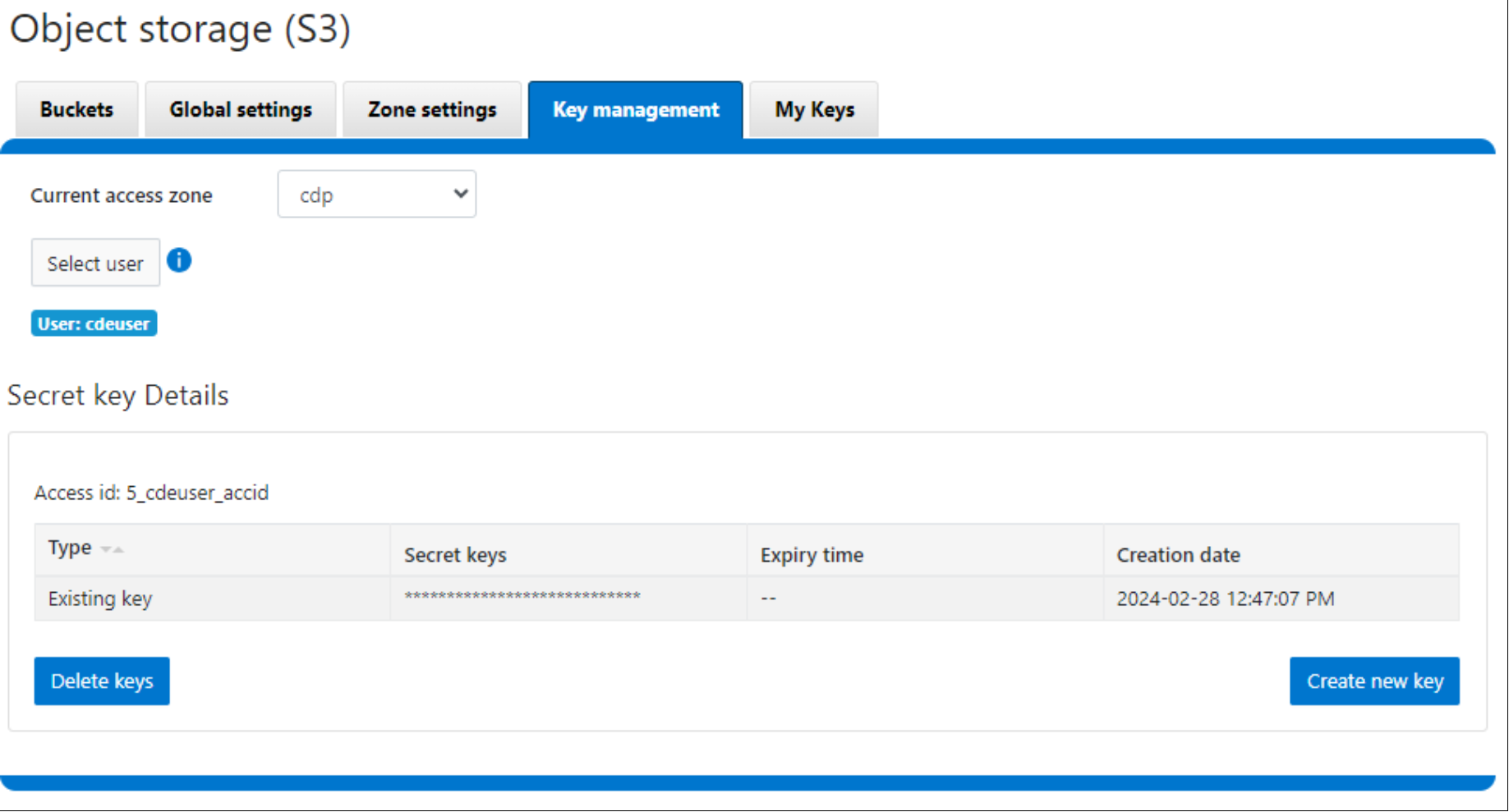 Create S3 management keys for the user which was created earlier