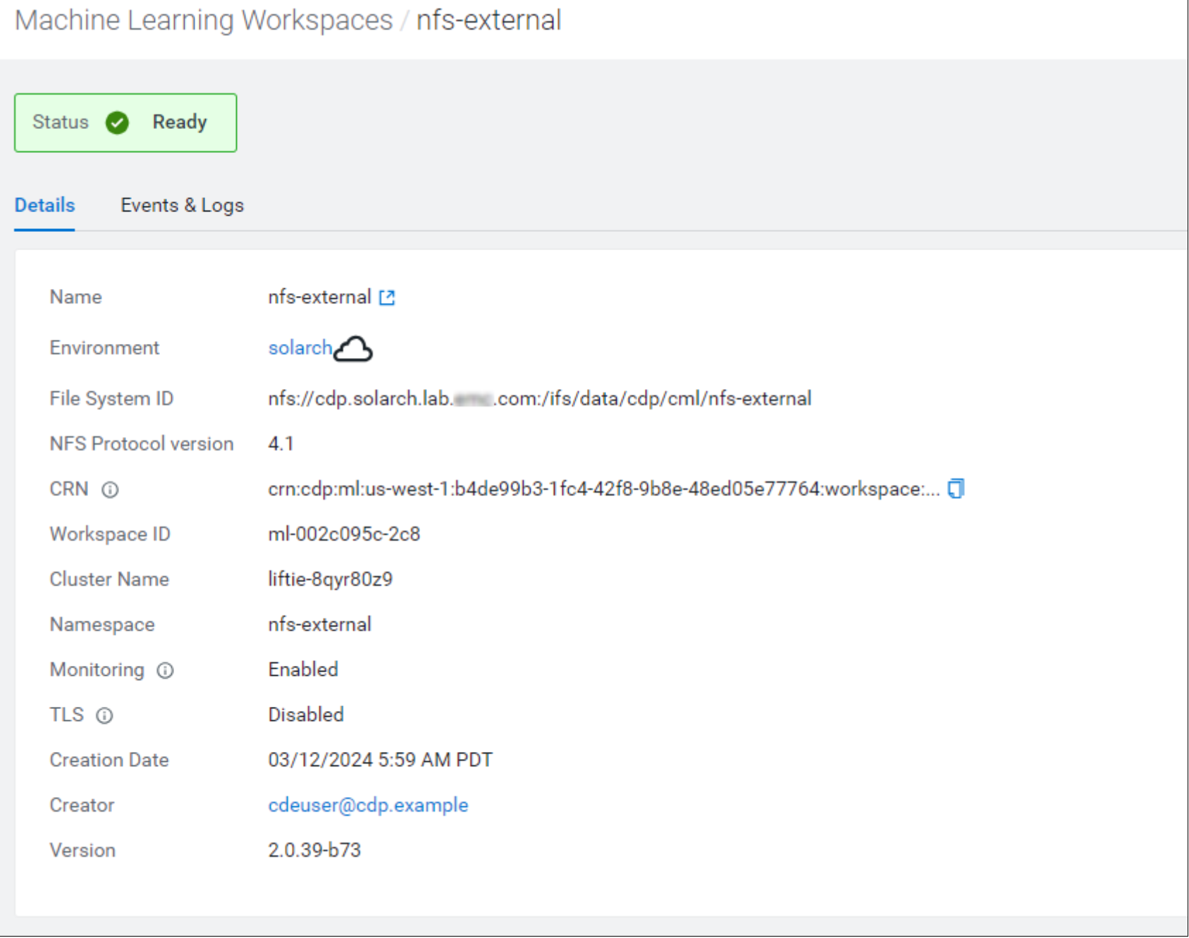 Create a new CML workspace of type NFS External and specify the complete path to the OneFS NFS export location