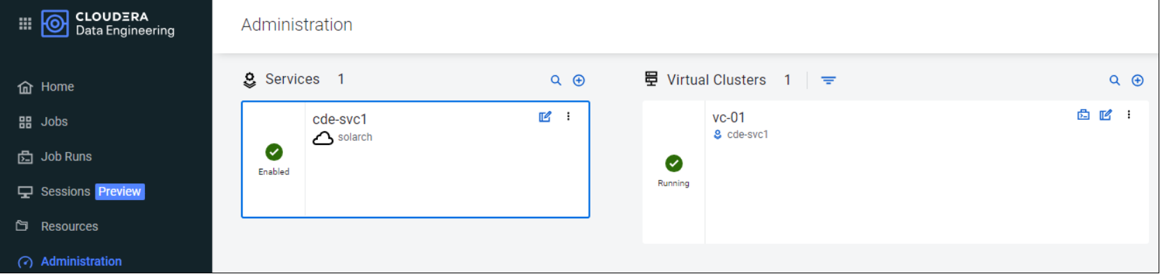 The Cloudera Data Engineering UI showing a running service and virtual cluster.