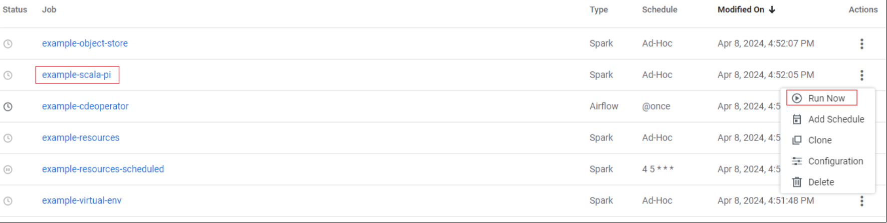 Run an example job by clicking the elipsis next to the job name and select Run now.