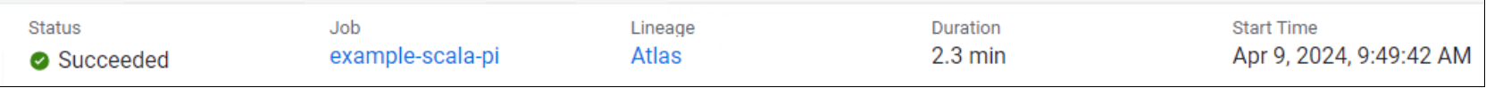 The Job runs panel showing the status of the job, the job name, lineage, duration, and start time.
