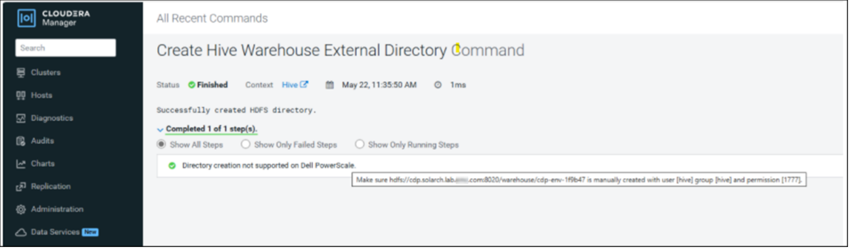 The Hive Warehouse External Directory command instructing the user to manually create a folder on PowerScale OneFS.