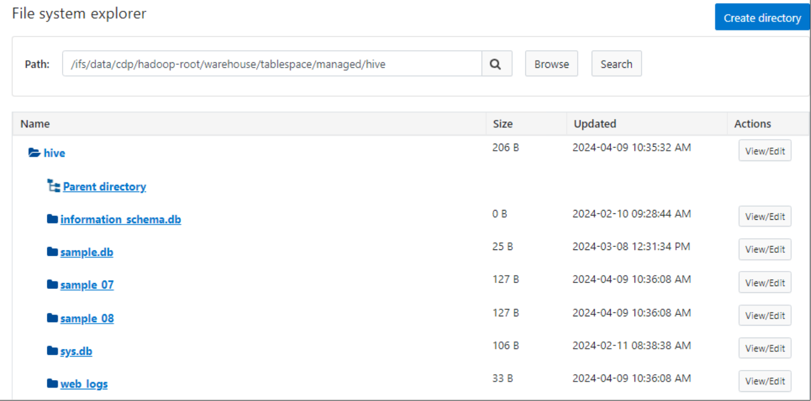 The OneFS File System explorer showing the sample datasets which were uploaded to OneFS