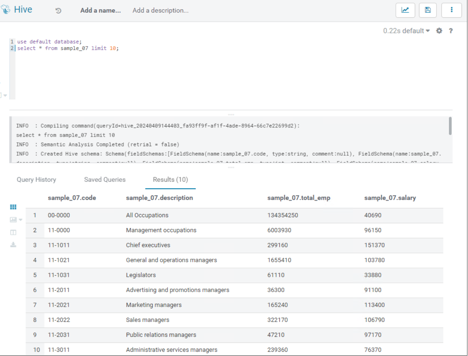 The query results from a select statement run against one of the hive dataset examples.