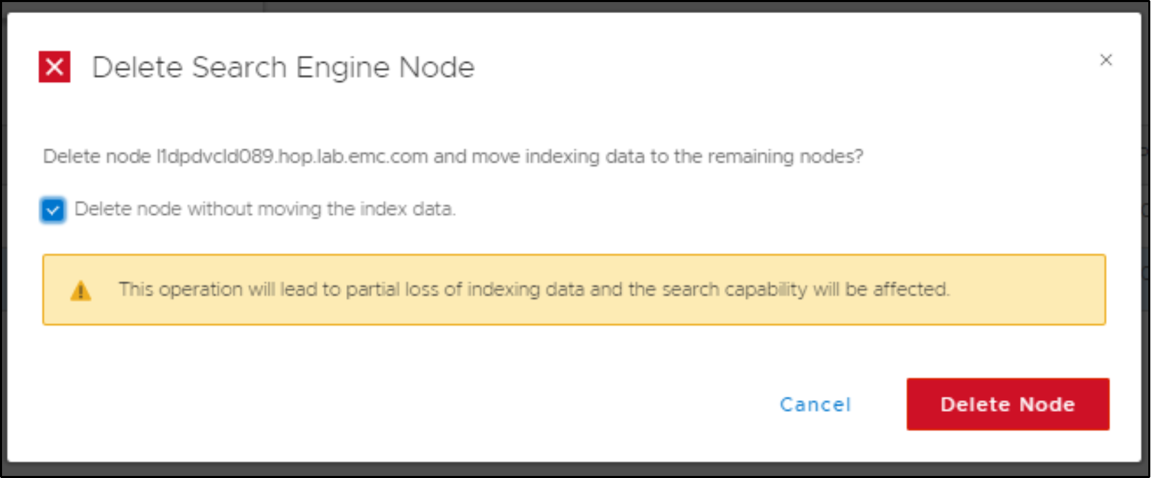 This Diagram depicts option to delete search engine node without moving indexing data to remaining node 