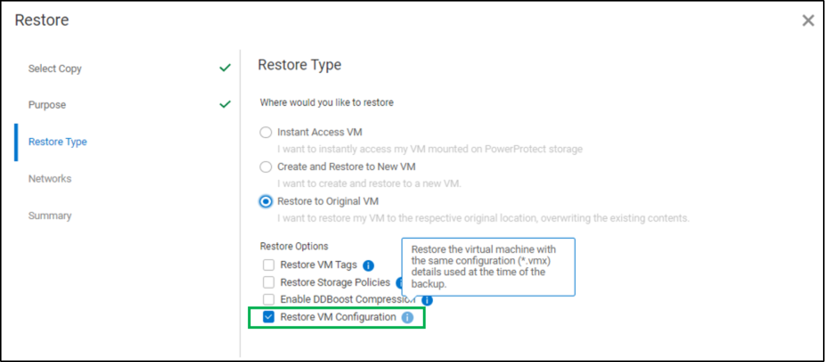 This Diagram Depicts option to enable Restore virtual machine configuration during a Restore