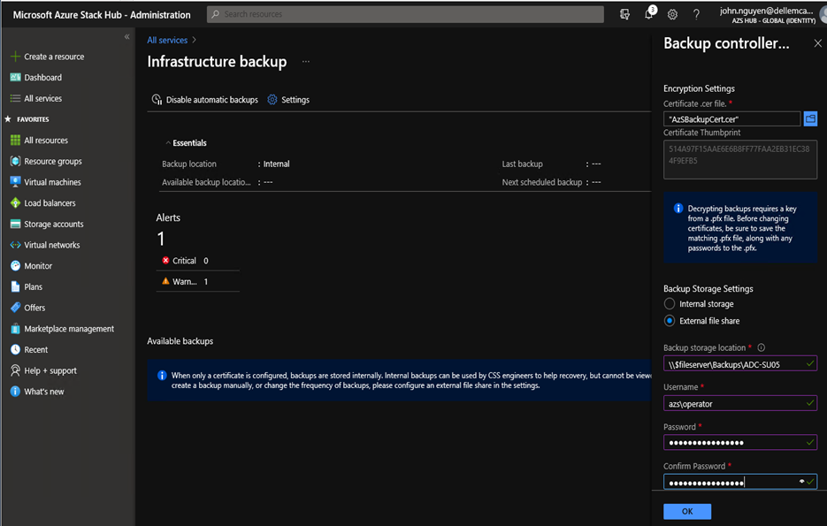 Screenshot of the Infrastructure backup screen