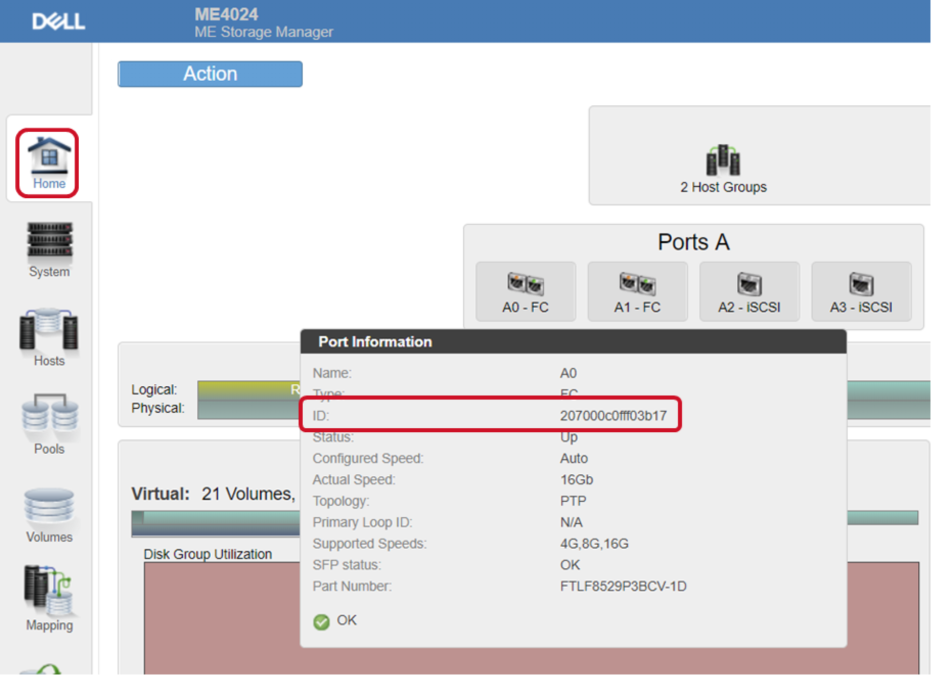 This screenshot of ME Storage Manager corresponds to the steps in Identify WWNs using the ME Storage Manager section. 