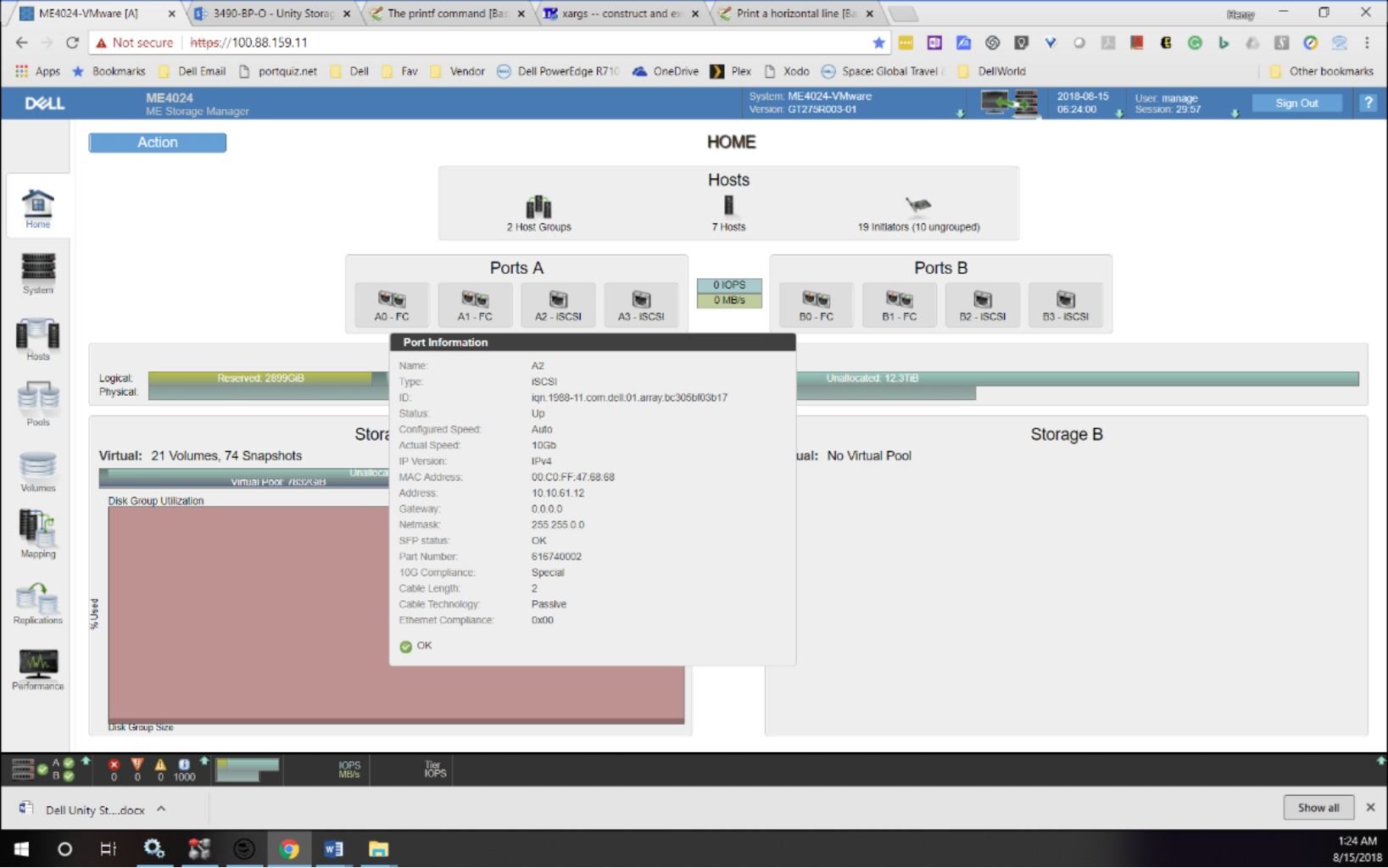 The screenshot of the ME Storage Manager shows the location where the iSCSI port information can be located.