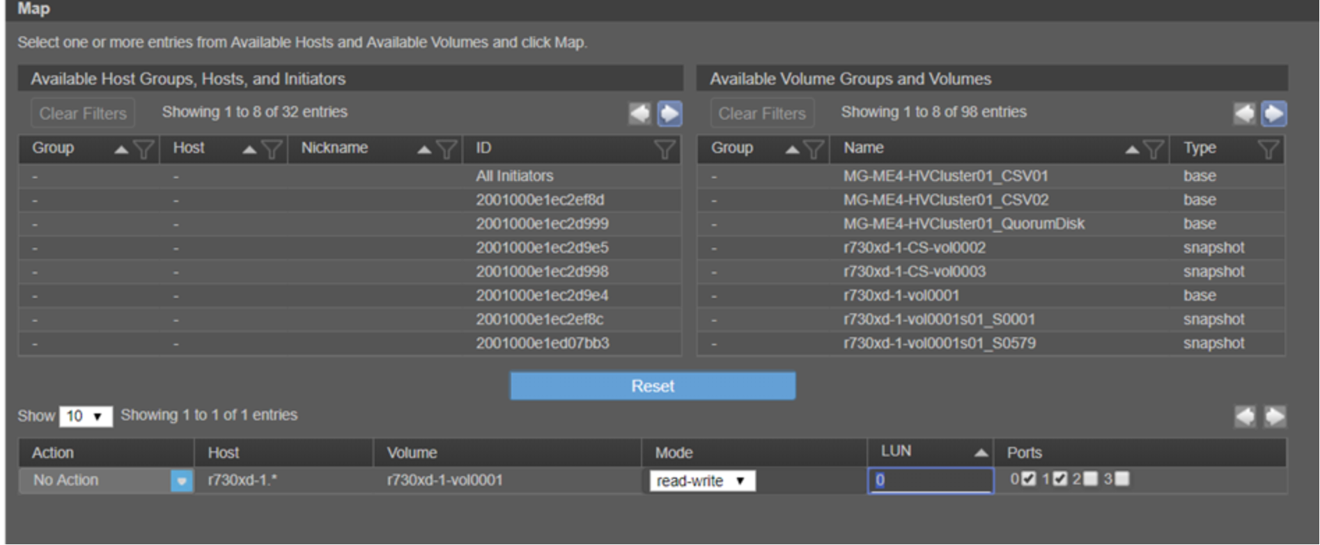 The Map wizard in ME Storage Manager allows users to unmap and remap the volume, and override the LUN ID.