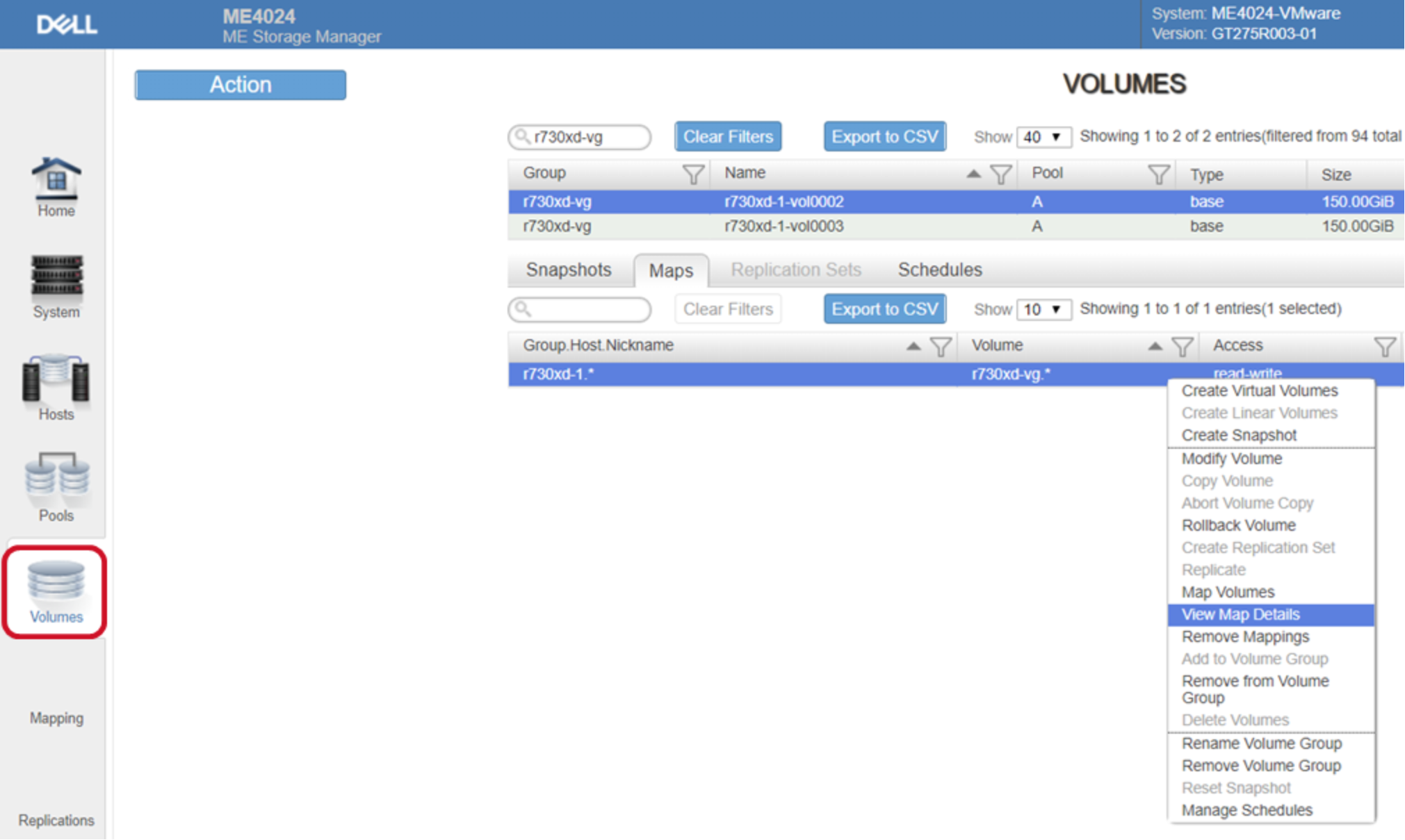 This screenshot shows how to go to the Volumes topic in the ME Storage Manager and select View Map Details to access the LUN ID information. 