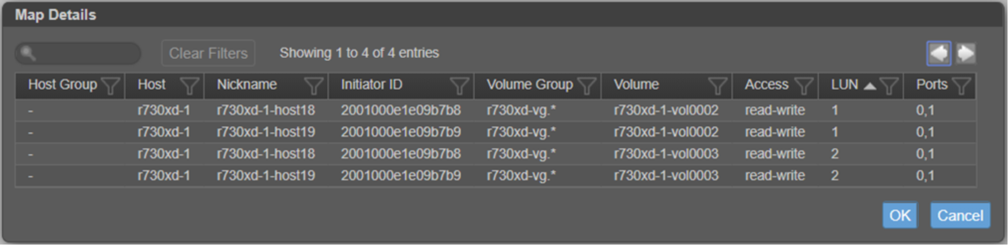 The Map Details shows the volume mapping attributes including the LUN ID.