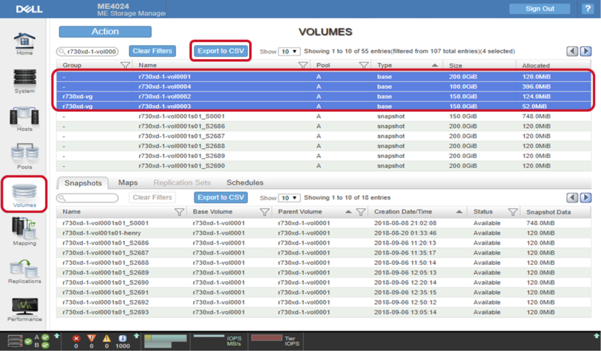 This screenshot corresponds to the option 1 method to export the volume information in ME Storage Manager. 