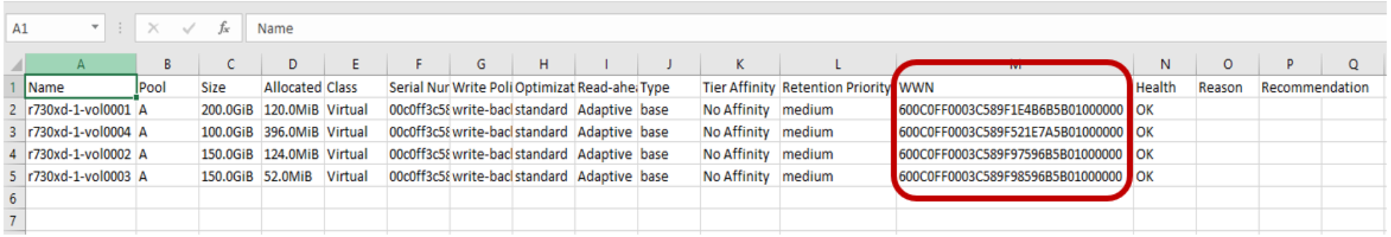 The csv file generated from the export function contains the volume WWN column.