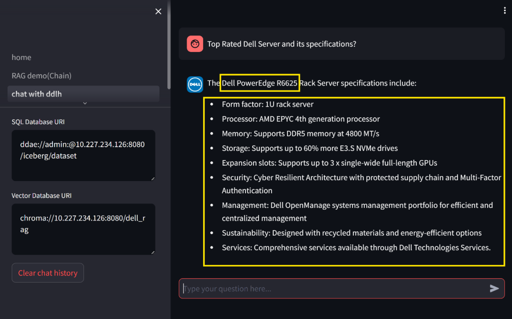 The Large Language Model (LLM) is displayed in the chat interface. The responses are synthesized based on both SQL query results and non-SQL components, showcasing the chatbot's ability to deliver comprehensive answers.