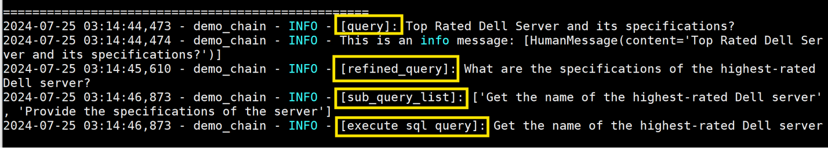  decomposition of user queries into SQL and non-SQL components. Below image shows the highlights of the RAG flow, suer query, refined query, executable sql components and non-sql components