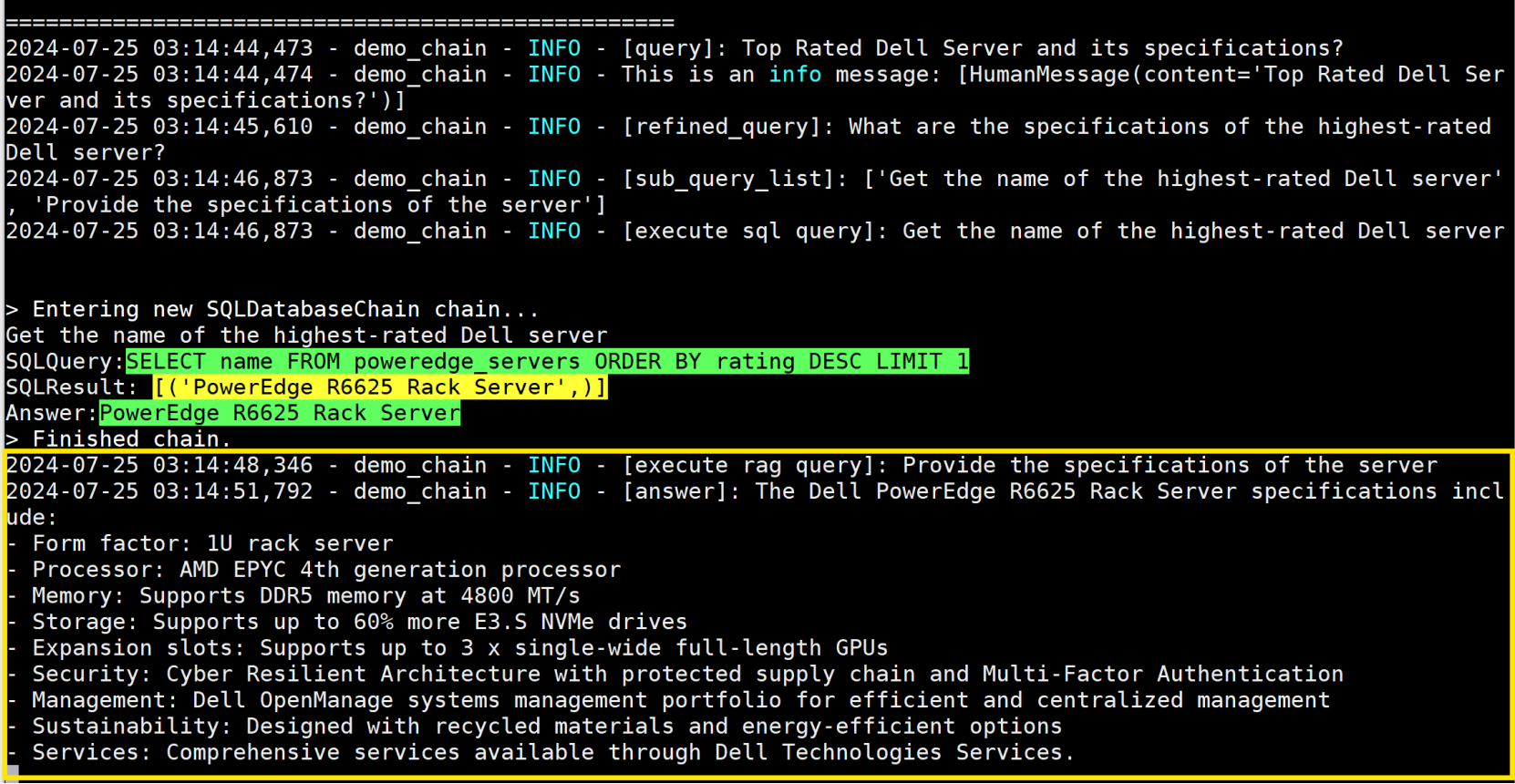 The Large Language Model (LLM) synthesizes the final response using the context provided by both SQL components from the Dell Data Analytics Engine (DDAE) and non-SQL components retrieved from the Vector Database. This synthesis ensures that the response is both comprehensive and contextually relevant to the user's query.